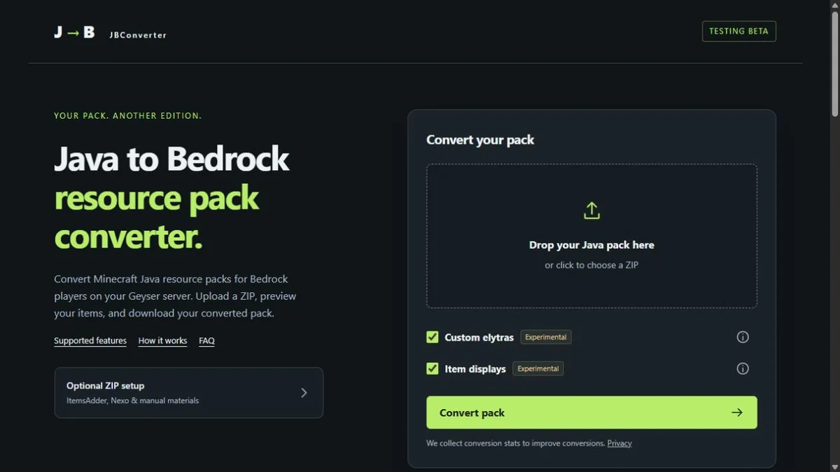 JBConverter resource pack conversion web app
